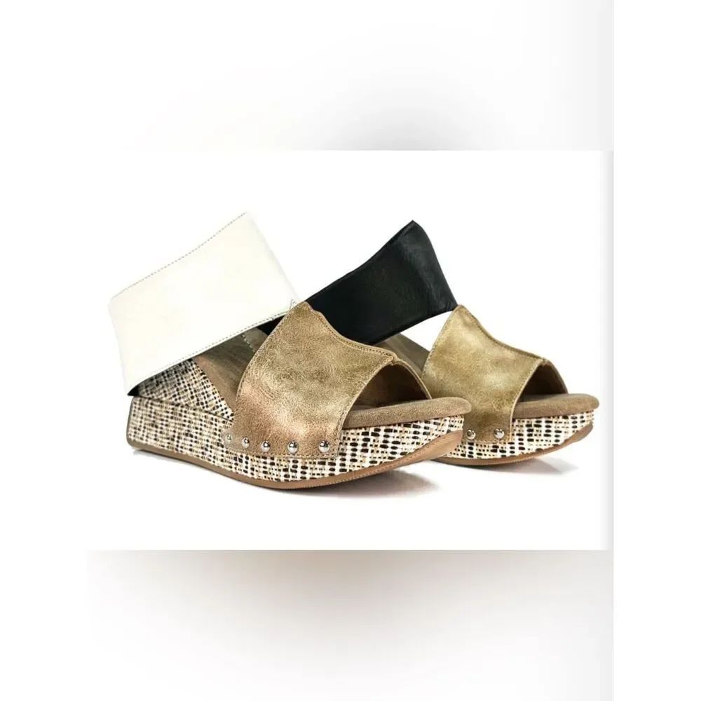 Modzori Virginia 2 Reversible Wedge Sandals Gold Black White Size 6